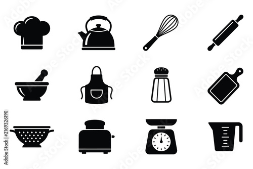 Collection of essential kitchen utensils and cooking equipment silhouette icons for culinary design and restaurant menu graphics