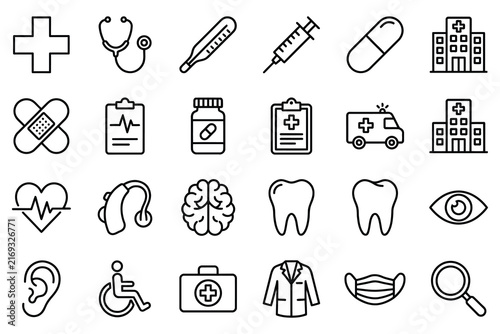 Extensive set of medical healthcare and hospital equipment outline icons for clinic pharmacy doctor and patient care designs