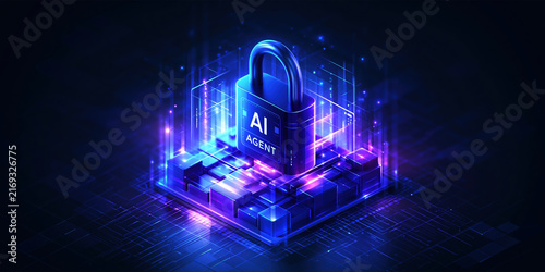 Cybersecurity AI agent symbol with glowing digital lock and network platform
