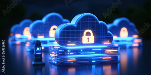 AI cybersecurity agent protects cloud server with glowing digital lock