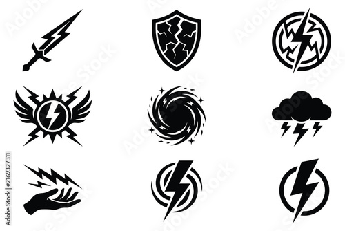 Set of powerful lightning bolt and thunder electrical strike symbol icons representing energy power and fantasy magic elements