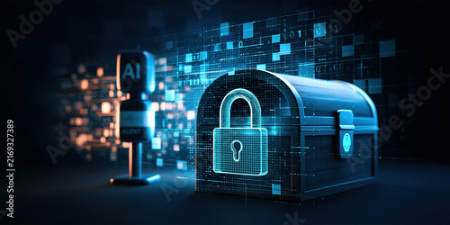 AI agent cybersecurity lockbox with digital protection glowing in darkness