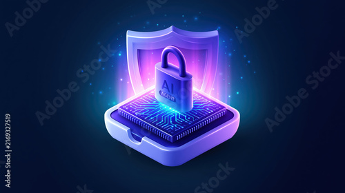 Cybersecurity AI agent protects digital data with luminous lock and shield