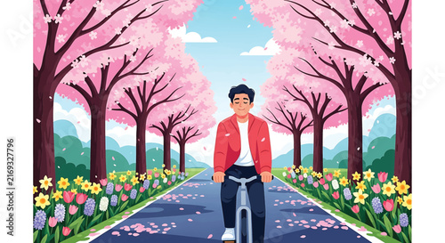 Cherry blossom spring landscape vector, man riding bicycle under pink sakura trees, scenic park trail with blooming flowers