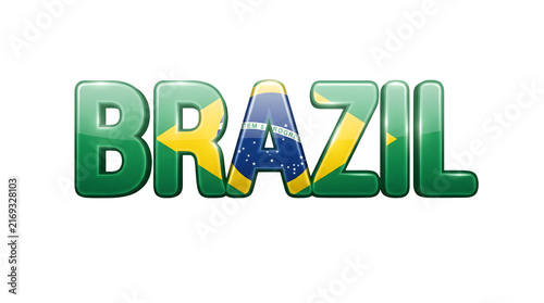 3D Glossy Text Brazil Typography with National Flag Pattern Background