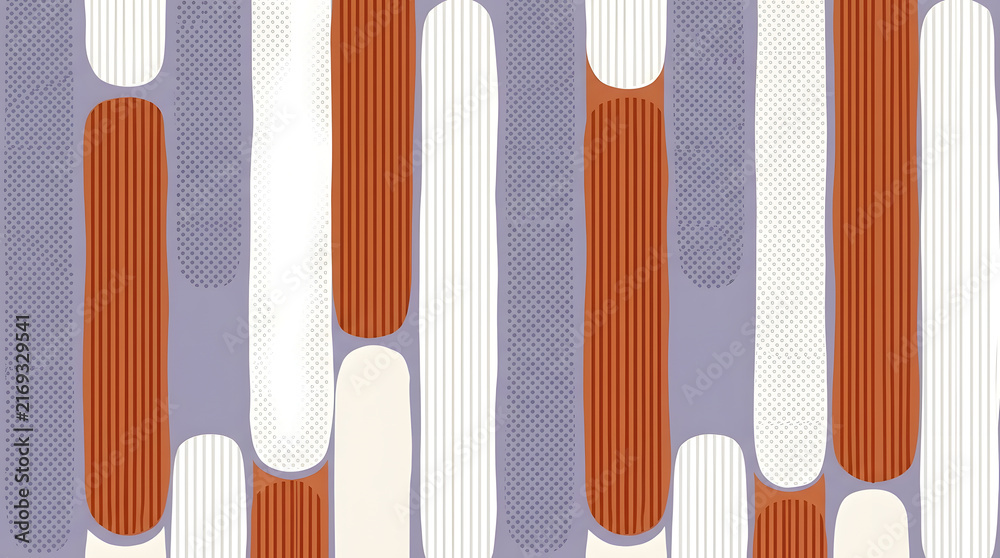 Mid century modern abstract pattern background | Retro geometric shapes wallpaper in lavender and terracotta | Minimalist vertical pill shape graphic design | Decorative halftone striped art