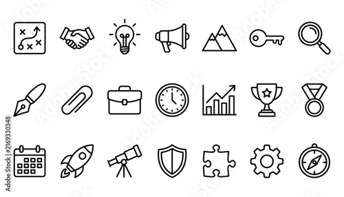 Business Strategy and Corporate Management Outline Icon Set for Presentations and Marketing Materials