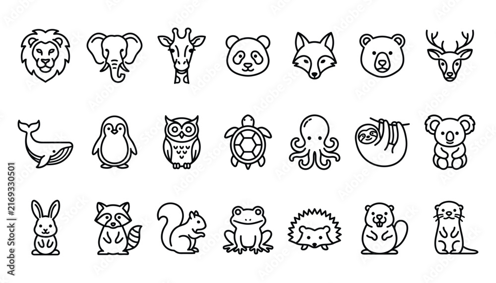 Naklejka premium Comprehensive Wild Animal and Zoo Creature Line Art Icon Collection for Graphic Design Projects