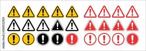 Cuadro en lienzo Caution warning signs collection, yellow, red and black danger icons, triangular exclamation marks, fatal error alerts, attention symbols, alarm messages, safety notification vector design