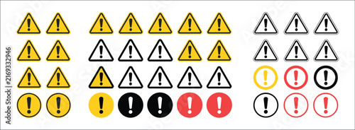 Konstfotografi Caution warning signs collection, yellow, red and black danger icons, triangular exclamation marks, fatal error alerts, attention symbols, alarm messages, safety notification vector design