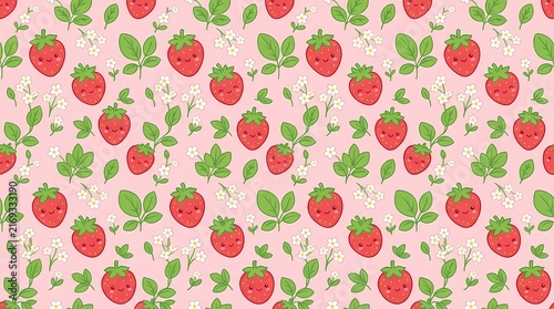 Bright and colorful strawberry flower design featuring lush green leaves set against a soft pink backdrop for decorative purposes