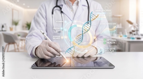 Quadro su tela personalized nutrition and genomic health concept showing doctor using tablet with dna interface, glucose balance metrics, and customized meal plan analytics