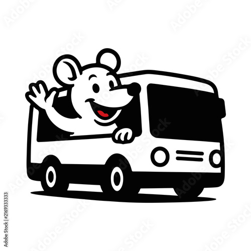 Playful Mouse Travel Bus Mascot Logo with Cute Animal Character for Transportation Tourism Family Travel and Adventure Branding