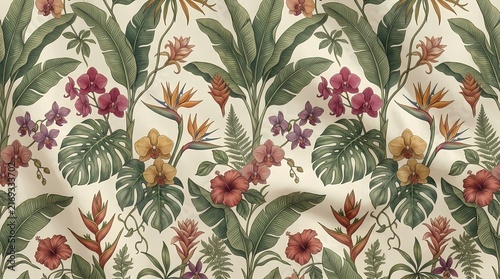 Beautiful rainforest textile design featuring vibrant flowers and lush greenery for nature inspired decor