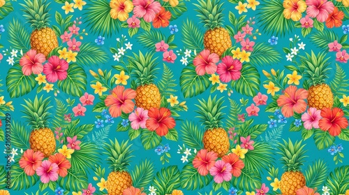Brightly colored pineapples nestled among vivid hibiscus flowers set against a cheerful tropical backdrop