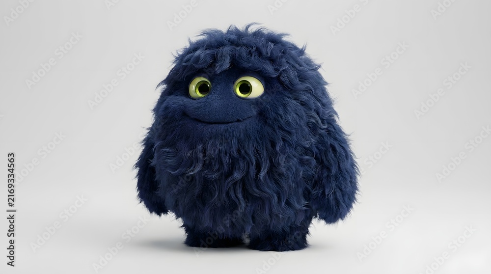 Obraz premium Cute fluffy blue monster character with big eyes on white background