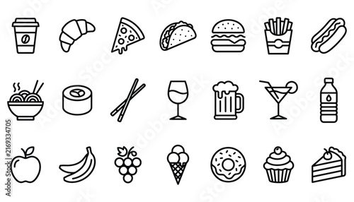 Fast Food Beverages and Sweet Desserts Line Art Icon Collection for Restaurant Menus
