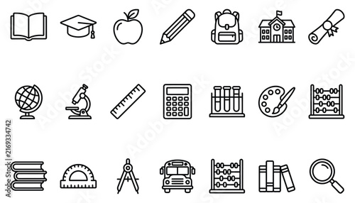 Comprehensive Education and School Supplies Outline Icon Set for Learning and Study Concepts