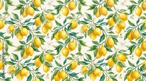 Vibrant pattern of lemons and lemon blossoms on a green background perfect for fresh culinary designs