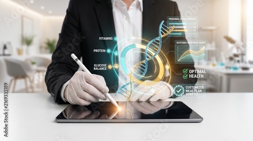 Foto personalized nutrition and genomic health concept showing doctor using tablet with dna interface, glucose balance metrics, and customized meal plan analytics