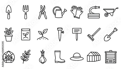 Gardening Equipment Horticulture Tools and Planting Supplies Line Art Icon Collection for Gardeners