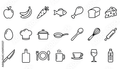 Kitchen Utensils Cooking Equipment and Fresh Food Ingredients Outline Icon Pack for Culinary Designs