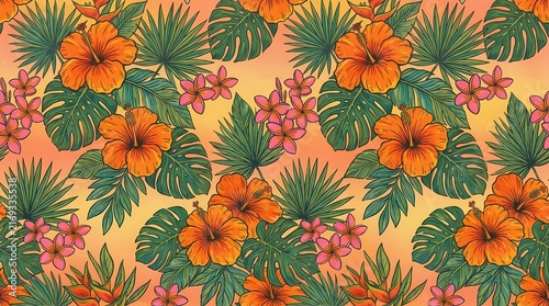 Colorful hawaiian floral design showcasing hibiscus flowers and lush tropical leaves perfect for backgrounds