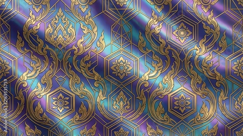 Vibrant futuristic thai textile pattern with intricate designs and rich colors for modern backgrounds