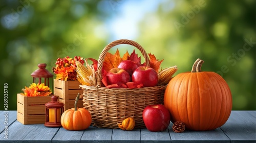 Halloween harvest basket featuring pumpkins, apples, dried corn, autumn leaves, wooden crates, lanterns, seasonal flowers, and decorative ribbons arranged on a rustic outdoor table