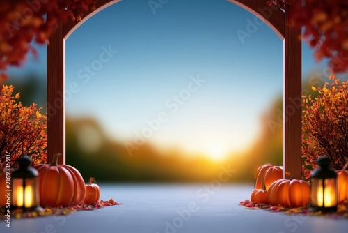Halloween garden entrance with wooden arch, pumpkins, autumn branches, lanterns and fallen leaves, warm dusk illumination, elegant seasonal decoration, realistic outdoor photography