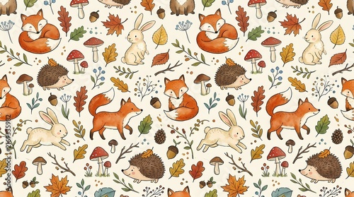 Enchanting forest setting showcasing playful foxes curious rabbits and adorable hedgehogs surrounded by lush greenery