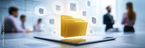 paperless document management showing employees organizing digital records, searchable folders, electronic forms, version histories, access permissions