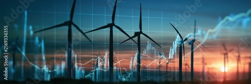 Wind turbines with rising energy price chart, sustainable power market trend, modern landscape