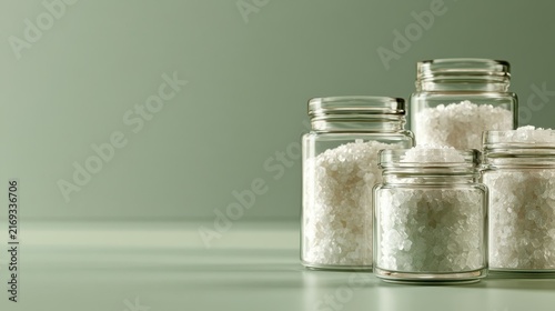 Clear generic jars filled with mineral bath salts, communicating gentle skin renewal.