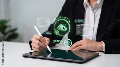 Foto carbon neutrality and climate sustainability concept showing business professional analyzing carbon offset data on tablet with verified climate badge, emission reduction metrics, and reforestation