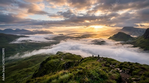 Breathtaking emerald valley enveloped in mist at dawn featuring rolling fog and vibrant green scenery
