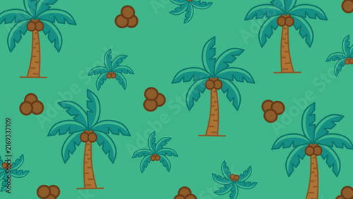 A vibrant tropical palm tree pattern illustration featuring whimsical coconut trees and scattered nuts on a cheerful turquoise background for summer designs