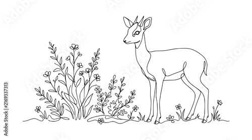 Continuous Line Art Deer with Wildflowers, Isolated Minimalist Nature Illustration