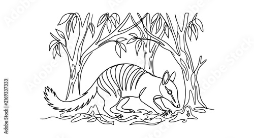 Numbat Foraging in Eucalypt Forest, Isolated Line Art Illustration