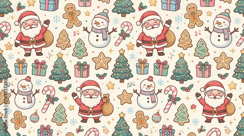 Cute christmas pattern featuring smiling santa snowman gingerbread man and festive decorations for holiday cheer