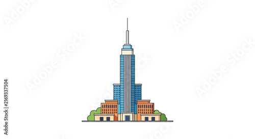 Minimalist Flat Illustration of a Modern Skyscraper Landmark Icon on White Background