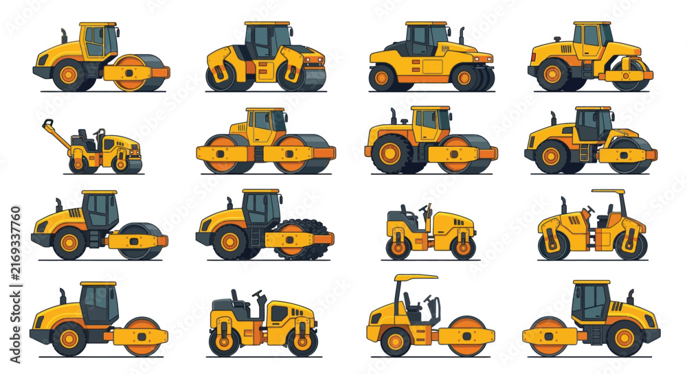 Naklejka premium Set of 16 Yellow Road Roller Icons and Construction Machinery Illustrations