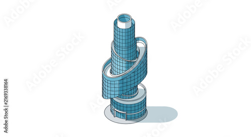 Isometric Modern Blue Glass Skyscraper with Spiral Architectural Design Vector Illustration