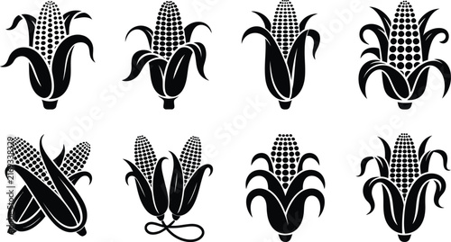 corn cob silhouettes, black and white maize vector icon