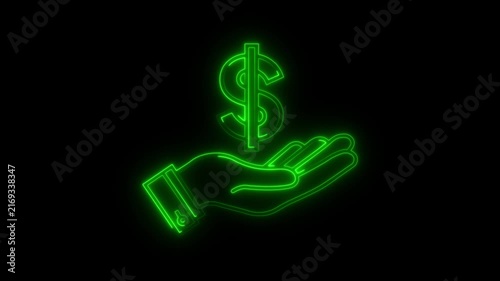 Neon glow dollar sign over hand animated on black background loop animation.