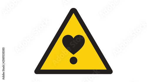 Yellow triangle warning sign illustration featuring a bold black heart icon for romantic caution concepts