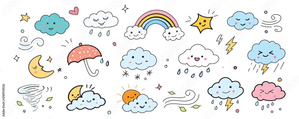 Fototapeta premium Cute hand-drawn weather doodle collection featuring clouds, rainbows, sun, rain, snow, lightning, wind, and storm elements. Playful illustrations for nursery decor, planners, and children's designs.