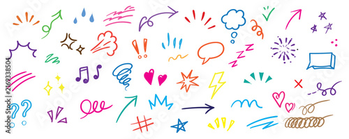 Colorful hand-drawn doodle elements featuring arrows, speech bubbles, stars, hearts, music notes, question marks, and decorative marks for social media, stickers, scrapbooking, and creative design.