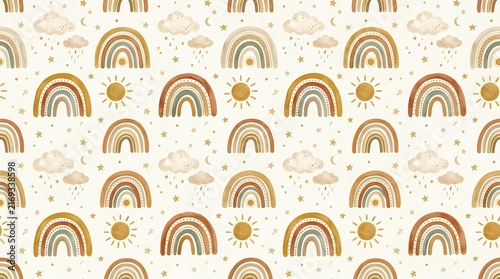 Charming boho inspired pattern featuring rainbows sunshine clouds and stars for a whimsical background design