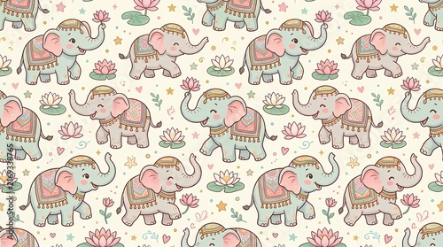 Cute baby elephants snuggled in vibrant blankets set against a delightful floral backdrop
